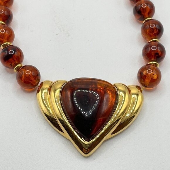 Napier Vintage Faux Amber Round Bead Gold Cabochon Plaque Statement Necklace - Picture 3 of 6